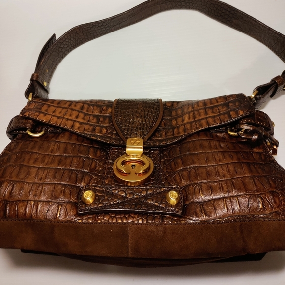 Gorgeous croc embossed leather suede shoulder bag brown - Picture 3 of 16